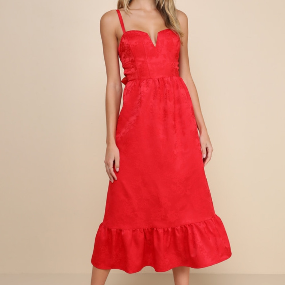Lulus Major Perfection Red Floral Jacquard Midi Dress With Pockets - Size XL